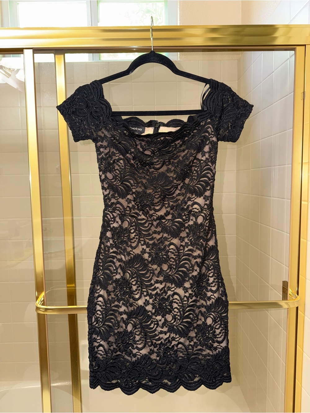 bebe Black Lace Overlay Mini Dress with Nude Lining